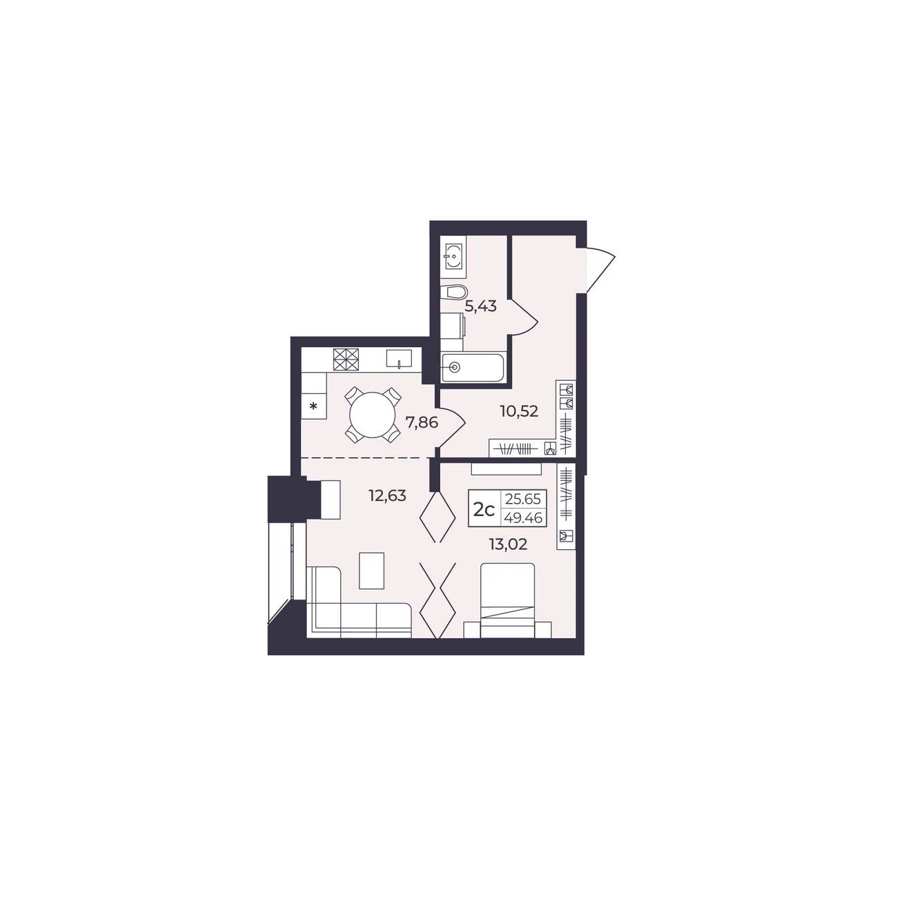 Планировка квартиры № 38Б, 49.46 м²